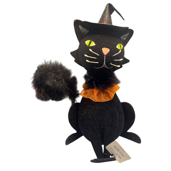 Pier 1 Imports Other - Vtg Pier 1 Imports 10" Flocked Glitter Black Cat Witches Hat Feather Halloween